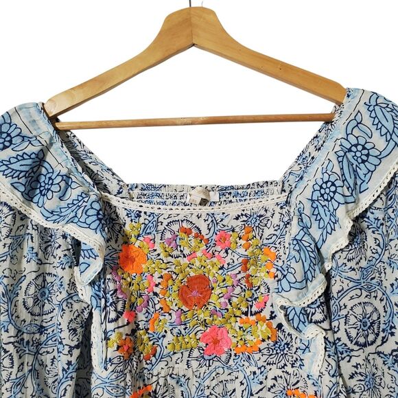 Love The Label Floral Boho Top XS Embroidered Ruffle Smocked Balloon Sleeve - Picture 2 of 10
